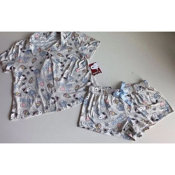 2pc Snoopy Woodstock Puffy Coat Puffer Jacket Pajama Set Shorts Women’s Sz M NEW - Picture 1 of 13